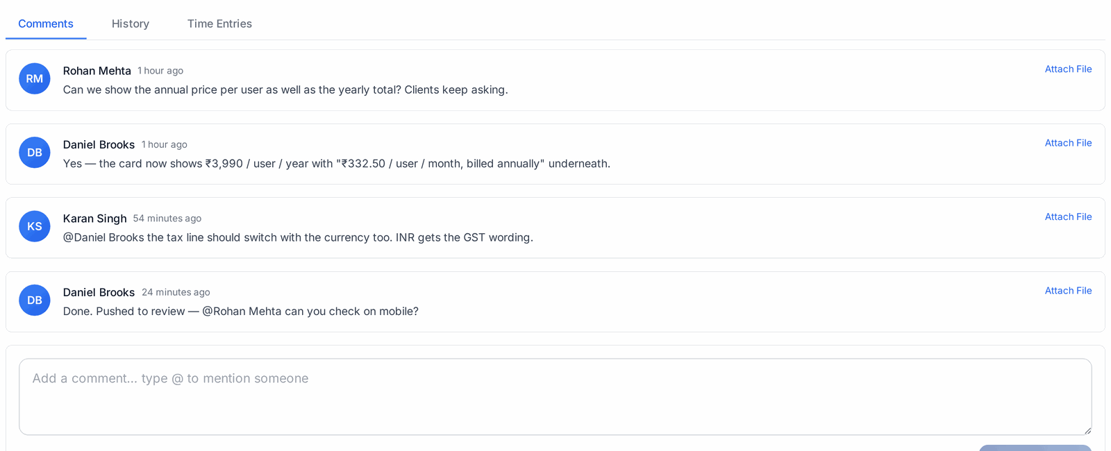 A task discussion with comments and @mentions