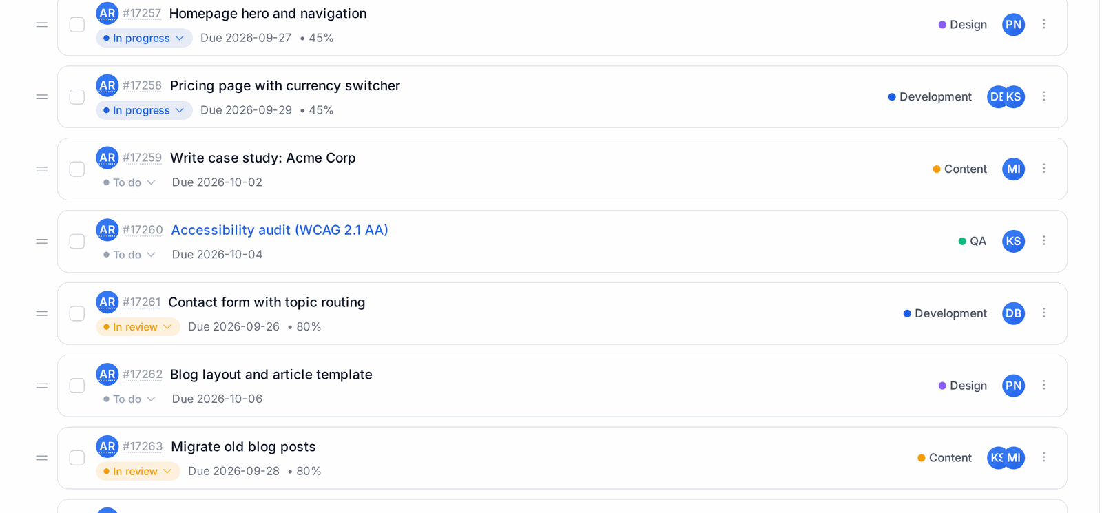 Table view: tasks with status, due date, progress, labels and assignees